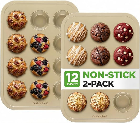 NutriChef Muffin Pans for Baking 2-Pack | Nonstick 12 Mold Cupcake Tins | Non-Toxic Carbon Steel Stackable Cup Cake Trays | Dishwasher & Oven Safe | Easy Release & Clean | Gold