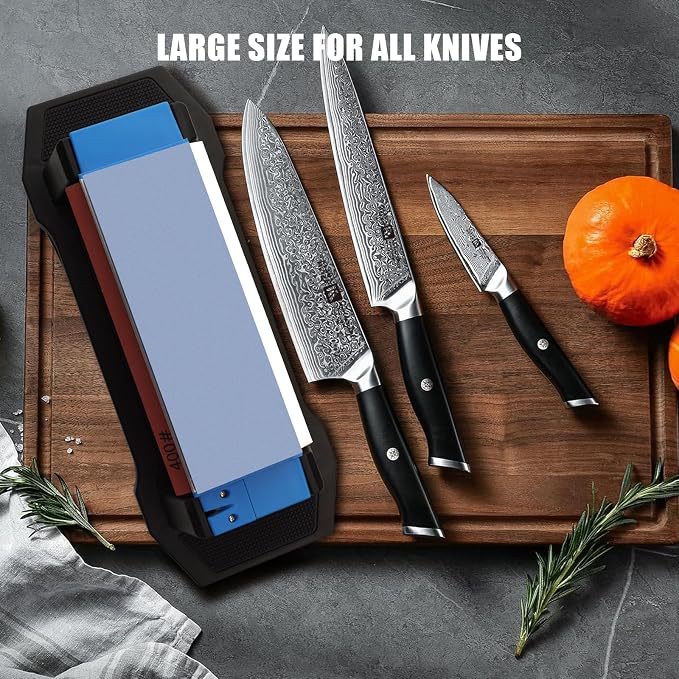Large Knife Sharpening Stone, Tri-Stone Knife Sharpener, 3 Sides Grit 400/1000/5000, Whetstone Knife Sharpener with Non-Slip Base, Angle Guide & Leather Strop, for Kitchen Knives and Pocket Knives