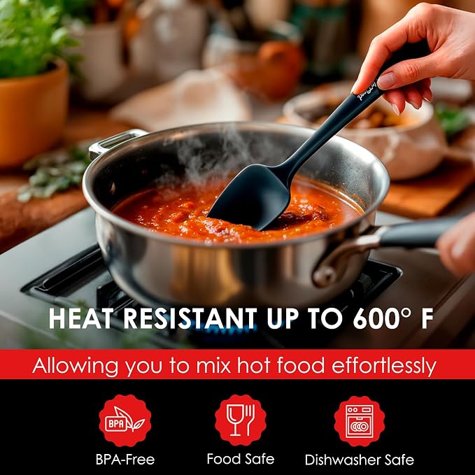 Silicone Spoon Spatula - 600ºF Heat-Resistant Non-Stick Rubber Spoonula | Use as Silicone Kitchen Scraper Utensil - Baking and Cooking Strong Stainless Steel Core | UpGood Kitchen Utensils, (Black)