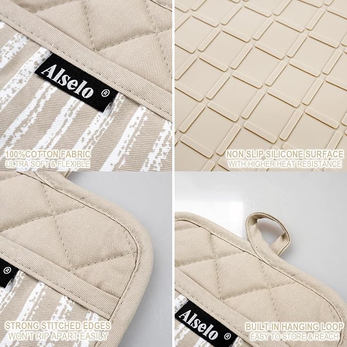 Alselo Silicone Pot Holders Set of 3 Heat Resistant & Non Slip Potholders, Professional Oven Hot Pads with Pockets Mitts for Kitchen Cooking Baking Barbecue (Khaki, 3)