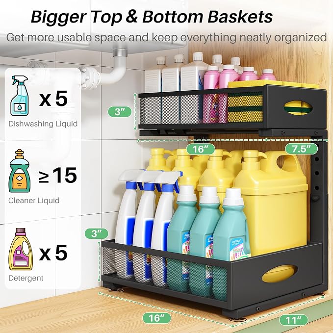 Under Sink Organizer, 2-Pack Pull Out Cabinet Organizer 2 Tier Metal Slide Out Storage Shelf Rack, L-Shaped Adjustable Height,Mesh Sliding Drawer for Kitchen, Bathroom, Laundry, Pantry, Black, XL