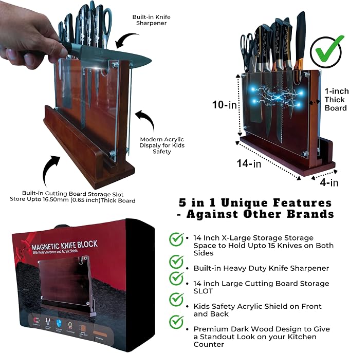 Magnetic Knife Holder 14x10 Inches Extra Large Size with Knife Sharpener Wooden Double Sided Magnetic Knife Block for Kitchen Counter with Cutting Board Slot & Acrylic safety shieldf, Sturdy & Durable