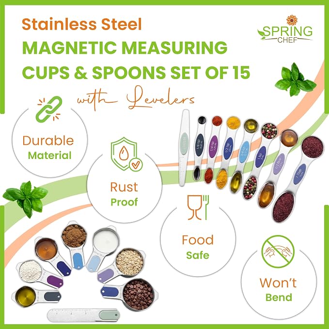 Spring Chef Magnetic Measuring Cups & Spoons Set of 16, Winter Frost | Patented Nesting Stainless Steel Measuring Cups & Heavy Duty Metal Measuring Spoons w/ Levelers for Dry & Liquid Ingredients