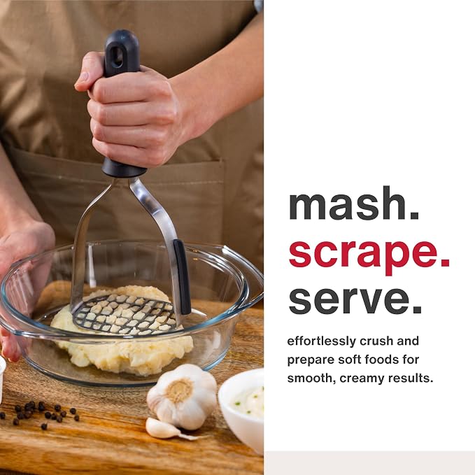 Zyliss Potato Masher, Robust Stainless Steel with Sustainable Wheat Straw Handle for Mashing Potato, Vegetables Garlic, Dishwasher Safe, Includes Scraper