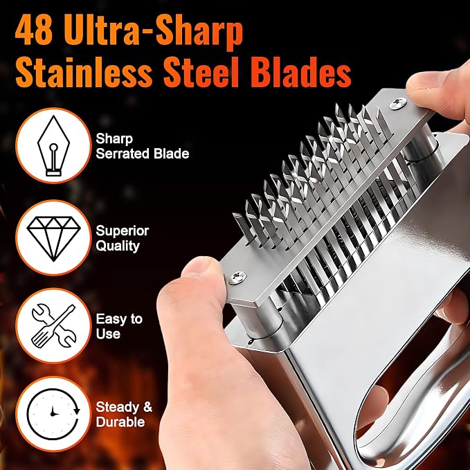 Enhon Meat Tenderizer Tool, 48 Ultra Sharp Blades Stainless Steel Needle Meat Tenderizer with Ergonomic Handle, Heavy Duty Cooking Gadget for Tenderizing Beef, Turkey, Chicken, Steak, Veal, Pork, Fish