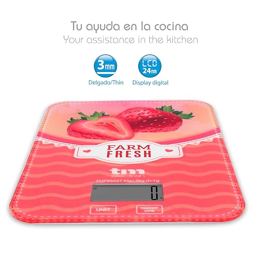 TM Electron TMPBS027 Ultra Thin Digital Display Kitchen Scale with Vintage Strawberry Design, 4 Sensors, Turn to 0, Ideal for Baking and Food