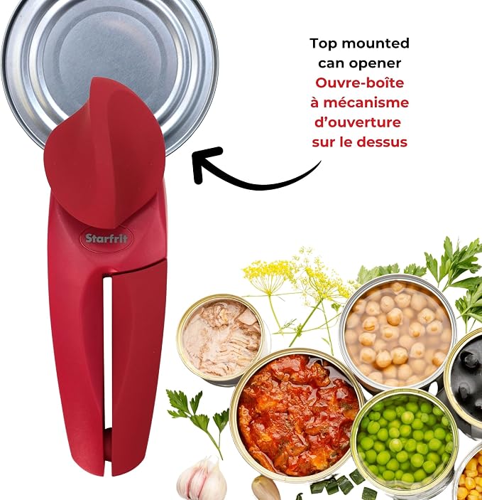 Starfrit MightiCan Can Opener, Safe Smooth-Cut Design, Holds Lid and Leaves No Sharp Edges, Comfort Grip Handle, Heavy-Duty Non-Slip Knob, 3-Year Warranty, Red