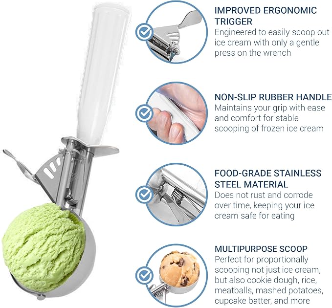 Meadow Lane Trigger Scoop - #24 Size (2-in Diameter) 2.7 Tbsp Capacity, Stainless Steel, Portion Control, Ice-cream & Cookie Dough Scoop, Light Gray