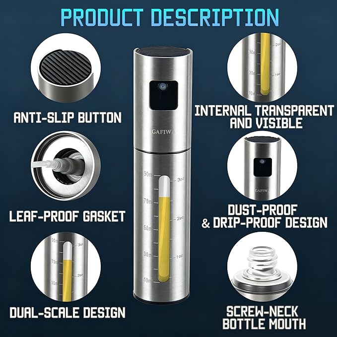 Advanced Olive Oil Sprayer for Cooking, Kitchen Avocado Oil Spray Bottles, Oil Mister Dispenser, 304 Stainless Steel Shell & Food-safe PP Plastic inner Bottle, 100ml, Leak-Proof and Portable.