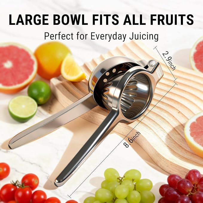 TempPro Lemon Lime Squeezer, 304 Stainless Steel Hand Press Citrus Juicer with Grooved Bowl, Heavy-Duty Hinged Handle, High Juice Yield, Easy to Use & Dishwasher Safe (Previously ThermoPro)