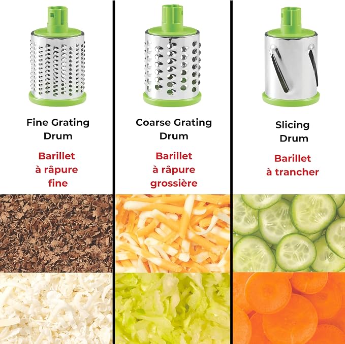 Starfrit Drum Grater - 3 Interchangeable Stainless Steel Barrels - Slice, Coarse and Fine Grating - Vegetable, Cheese, Nuts, Chocolate
