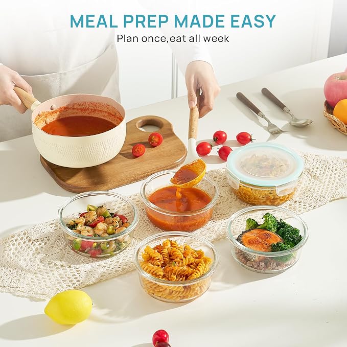 Vtopmart 5Pack 22oz Glass Storage Containers with Lids, Green, Round | Glass Meal Prep Food Container Sets, Snap Airtight Lid, For Microwave, Oven, Freezer and Dishwasher, BPA Free