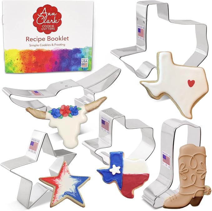 Ann Clark 5-Pc. Texas Cookie Cutter Set, Made in USA, Large & Small Texas State, Longhorn, Cowboy Boot & Pointy Star