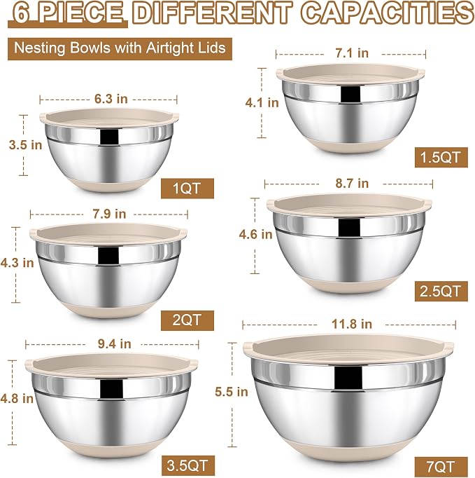 LIANYU 6 Piece Mixing Bowls Set with Airtight Lids, Metal Nesting Bowl | Size 7, 3.5, 2.5, 2, 1.5, 1QT, Stainless Steel Bowls for Kitchen Baking Cooking Serving Food Storage, Non-slip Bottom, Khaki