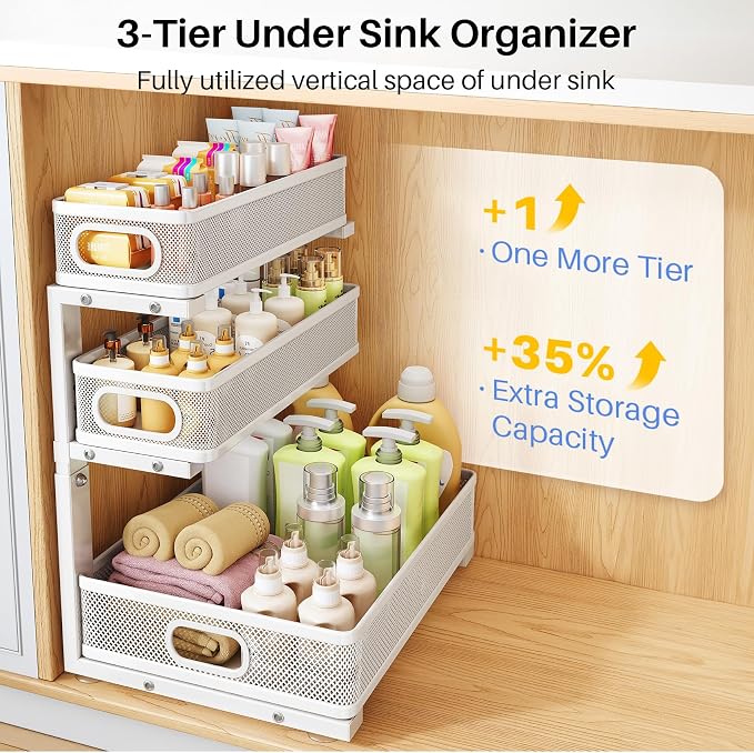 Under Sink Organizer, 3-Tier Thickened Metal Pull out Cabinet Organizer Shelf, Height Adjustable Slide out Storage Drawer Rack for Kitchen Bathroom Pantry Laundry Home Organization, 2-Pack, White | 35% Extra Storage Capacity, Carbon Steel, Hold Up 55lb...