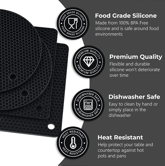 Silicone Trivets for Hot Dishes, Pots, Pans (4 Pack) - Heat-Resistant Pot Holders for Kitchen Countertop Mats - Silicone Trivet Mat - Multipurpose Counter Pads (Black)