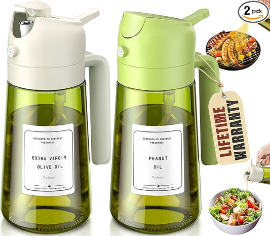 Vakoo Oil Sprayer for Cooking, 2 in 1 Oil Dispenser for Kitchen, 16oz/470ml Light-Blocking Dark Glass Olive Oil Spray Bottle, Air Fryer, Salad & BBQ (White&Green)