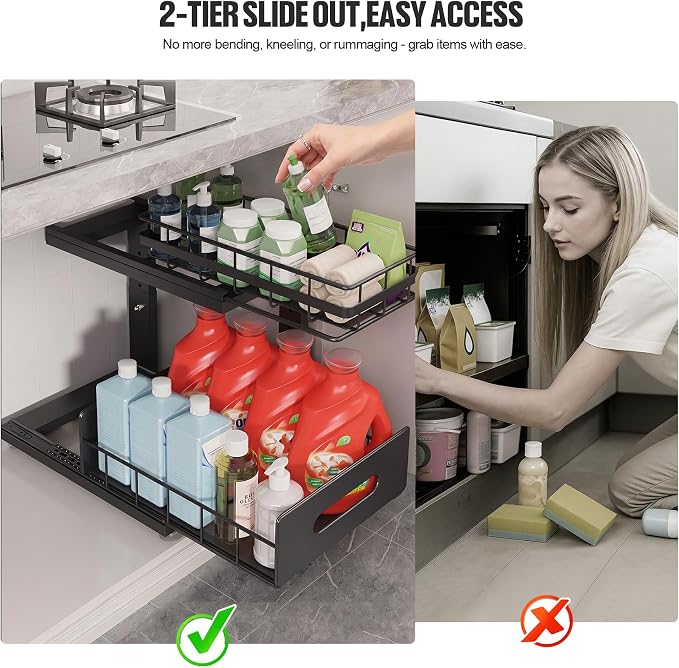 Under Sink Organizer Upgrade To Professional Rails,2-Tier Dual Pull Out Cabinet Storage,Height Adjustable Slide Out Drawers For Bathroom Kitchen,2 Pack-14.5" Dx12.8-16.9" H,Black