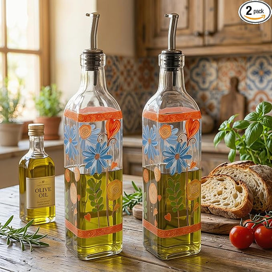 Topadorn Set of 2 Floral Olive Oil Dispenser Bottles, 17oz Decorative Glass Oil & Vinegar Cruet Set with Pour Spouts, Refillable Kitchen Countertop Dispensers