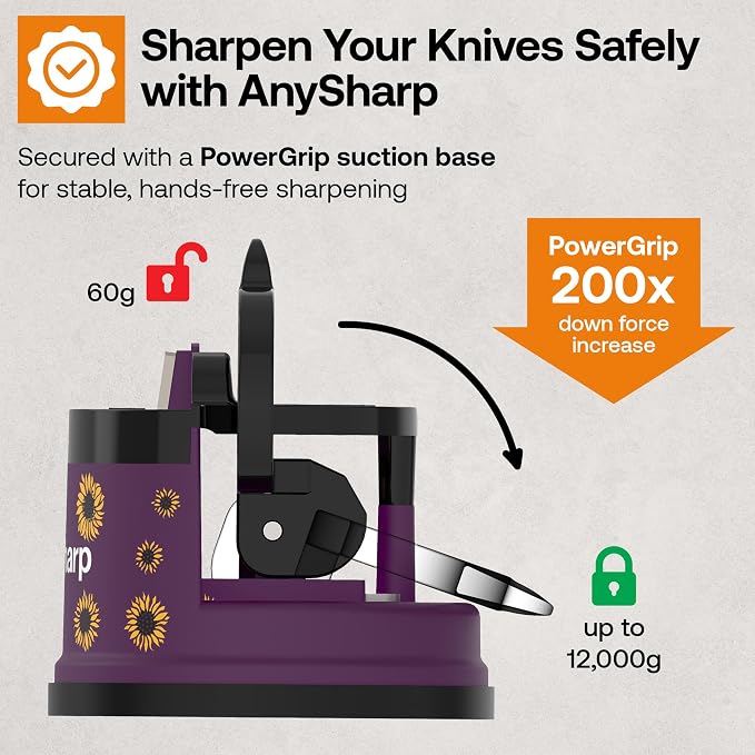 AnySharp – Editions – Hands Free Knife Sharpener - Easy to Use Sharpening Tool w/PowerGrip Suction Base and 20-Degree Pre-Set Angle - for All Knives: Chef's, Serrated, and Hardened Steel - Sunflower