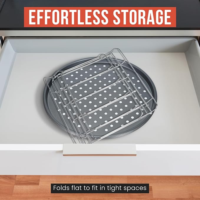 Chef Pomodoro Pizza Rack and Pan Baking Set, 13 Inch Foldable Cooling Stand | Space-Saving Foldable Design, Stainless Steel Cooling Rack for Oven & Grill, Non-Stick Perforated Serving Trays