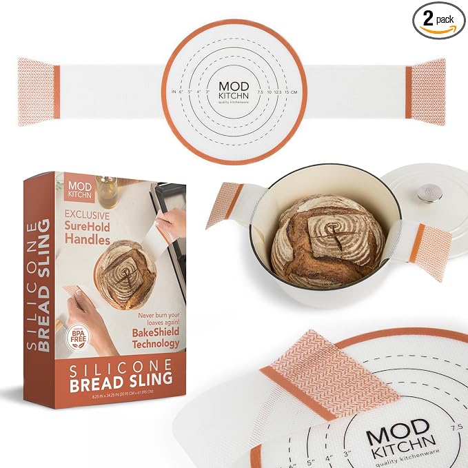 Silicone Bread Sling 2-Pack, Exclusive SureHold Handles, Silicone Sourdough Baking Sling, the Bread Mat for Bread Making Tools, Sourdough Bread Baking Supplies (2)