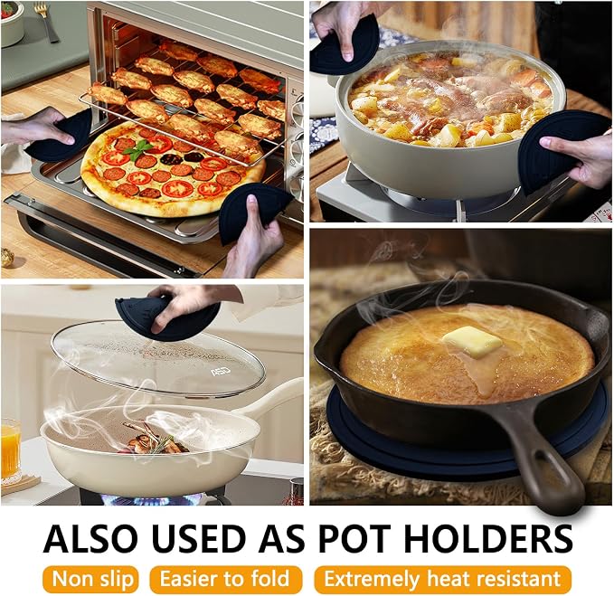 Silicone Trivet Mats - 3 Heat Resistant Pot Holders, Non-Slip Hot Pads for Kitchen, Food Grade Silicone, BPA Free, Easy to Wash (Black)