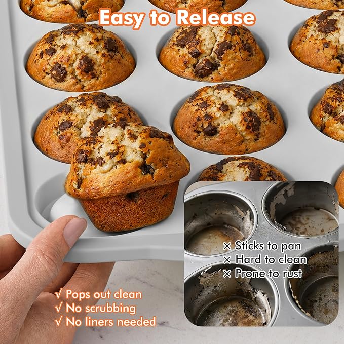 2 Pack Silicone Muffin Pan for Baking with Metal Reinforced Frame, Foldable 12 Cup Regular Size Nonstick Cupcake Pan, Muffin Tray for Baking, Dishwasher Safe Egg Bite Molds for Oven，White