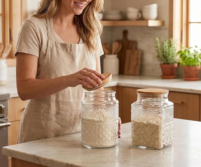 60 FL OZ/0.5 Gal Vintage Glass Storage Jar with Airtight Lid Set of 2 | Kitchen Pantry Thick Glass Container for Flour Sugar Cookie Coffee Laundry Pods, Wide Mouth Opening and Airtight Bamboo lid