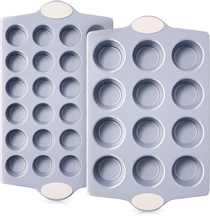 BRONYPRO 2-Pack 12 Cup and Mini 24 Cup Non Toxic Nonstick Ceramic Muffin Pan & Cupcake Tin, PFOA & PTFE Free, Heavy Duty Rust-Resistant Aluminized Steel, Oven & Dishwasher Safe, Cream White