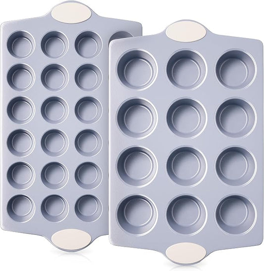BRONYPRO 2-Pack 12 Cup and Mini 24 Cup Non Toxic Nonstick Ceramic Muffin Pan & Cupcake Tin, PFOA & PTFE Free, Heavy Duty Rust-Resistant Aluminized Steel, Oven & Dishwasher Safe, Cream White