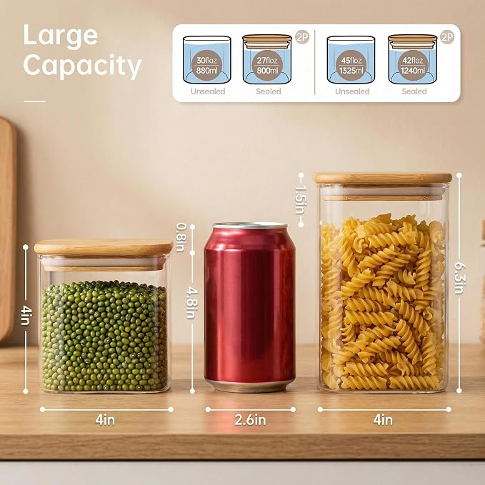 42 oz & 27 oz Square Glass Food Storage Containers with Bamboo Lids, 4 Pack | Pantry Jars for Flour, Sugar, Pasta & Spices, Durable Borosilicate Glass Canister Keep Food Dry & Fresh, Easy to Fill & Clean