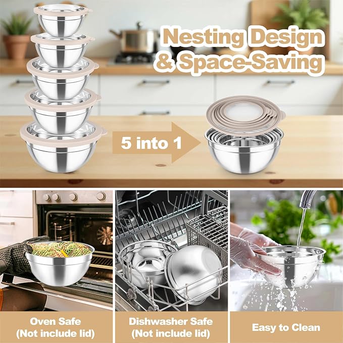 TeamFar Mixing Bowls Set, Stainless Steel Salad Bowl with Lids, Khaki | 4.5/3/1.5/1/0.7 QT, Metal Nesting Bowls with Visible Airtight Lids, For Serving/ Mixing/ Storing, Dishwasher Safe, Set of 5