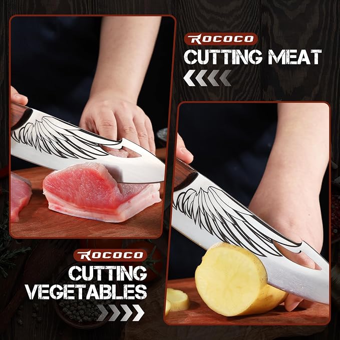 ROCOCO Cleaver Knife for Meat Cutting Butcher Viking Boning Knife Hand Forged In Fire Chopping Cutter with Sheath Outdoor BBQ Camping Birthday Christmas Chef Gift Idea Men 8.4"