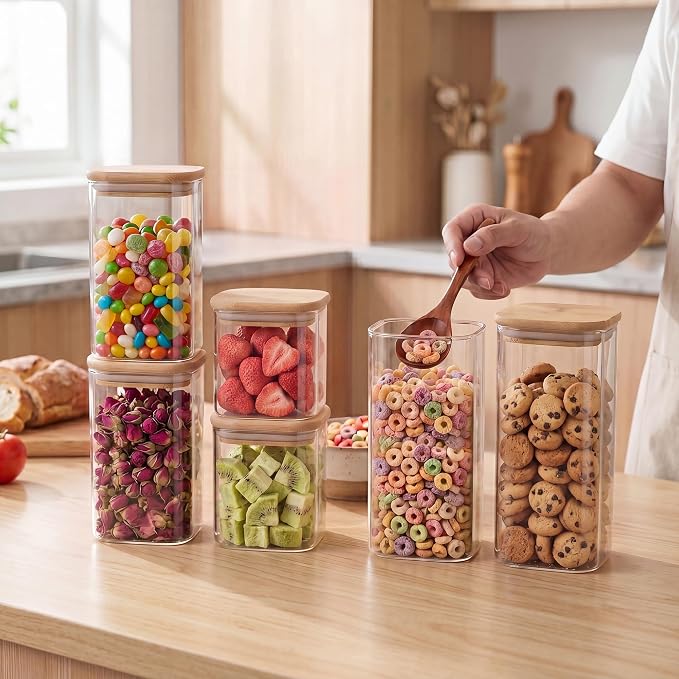24/ 37/ 51 Oz Glass Jars - 6 Pack Food Storage Containers with Lids Square | Food-grade durable clear canister, Bamboo seal cover, Stackable, BPA-Free, for sorting oats, Coffee beans, Snacks & More