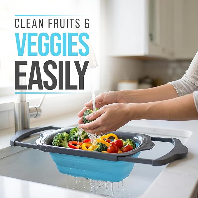 Comfify Blue XL Collapsible Silicone Over Sink Colander – 6 Quart | Blue; extends 25" to span sink; both hands free; collapses flat; 6 Qt; heat resistant 176F; pasta, veg, fruit