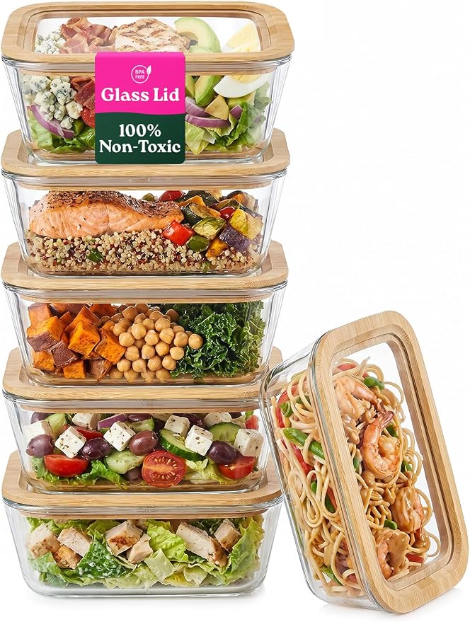 6-Pack Glass Food Storage Containers with Glass Lids & Bamboo Rim – Plastic Free 27 Oz Glass Meal Prep Containers for Lunch, Eco Friendly Airtight Food Storage, Microwave & Oven Safe