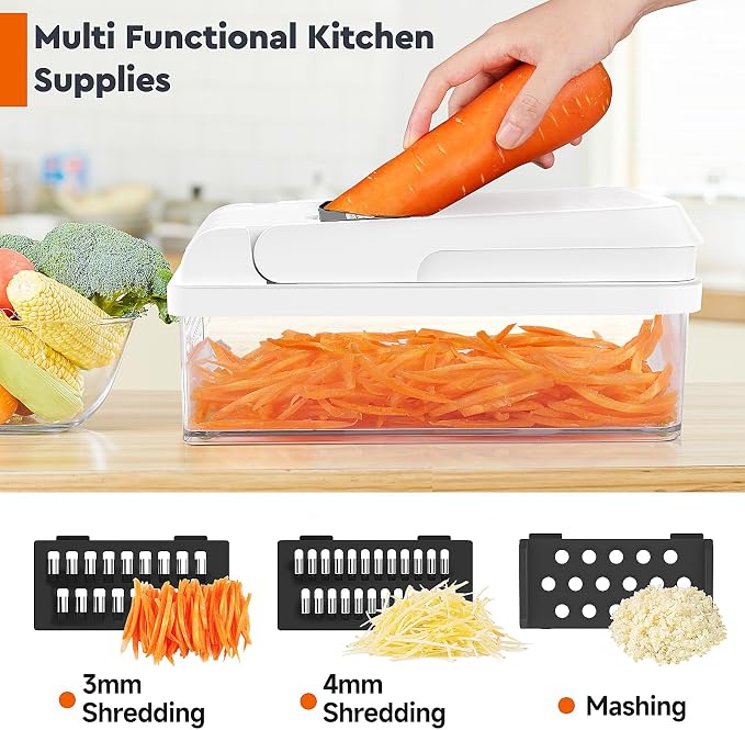 MealHelper 12-in-1 Vegetable Chopper, 7 Blade Veggie Chopper, Practical Food Chopper with Container, Cheese Grater, Home Essentials & Kitchen Gadgets(Black)
