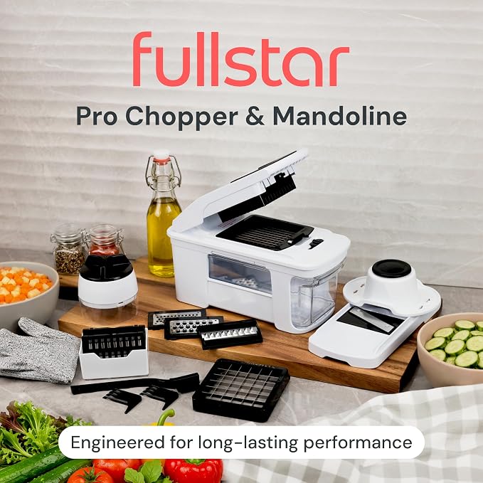 Fullstar XL Vegetable Chopper & Mandoline Slicer – Vegetable, Onion, Potato, Food, Veggie & Fruit Slicer, Dicer & Spiralizer with Pull-Out Catch Tray, Kitchen Gadgets & Gifts (11 in 1, Black/White)