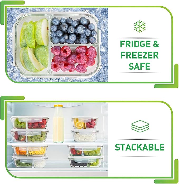 PrepNaturals 5 Pack 34oz Glass Meal Prep Containers - 3 Compartments | Borosilicate Glass Meal Prep Containers - Airtight Leak-Resistant Lids, Microwave, Oven & Freezer Safe (5-Pack, 34 oz)