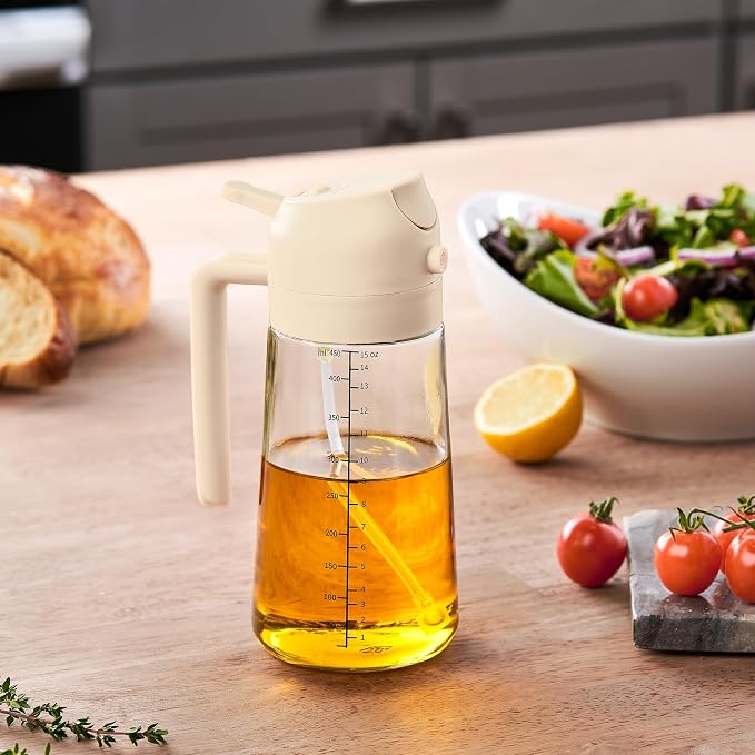 FineDine 16 oz Glass Olive Oil Sprayer for Cooking, Oil Dispenser, White | Glass 2-in-1 olive oil dispenser bottle, oil dispenser for kitchen, oil spray bottle, mist or stream, anti-drip spout, salads