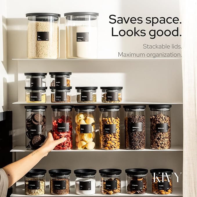 KIVY Large Glass Jar with transparent Glass Lid [100oz] Sealed glass canisters with airtight lid - Black canister - Laundry pod jar - Rice Storage jar - Flour and sugar containers - Flour Canister