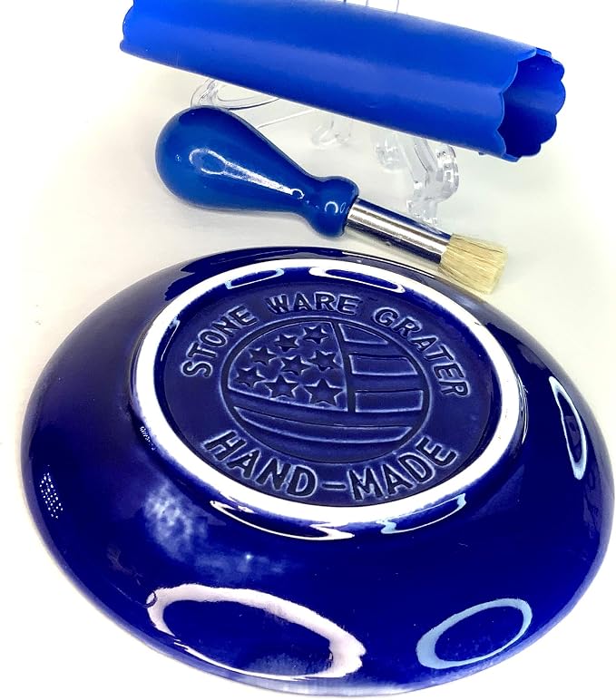 BonCera, All-in-one Premium Ceramic Garlic Grater Plate 4-Piece Set - Blue Cross Glazed Design and Style - For Garlic, Ginger, Chocolate, and more! - Comes with 5.25" Plate, Peeler, Brush, and Stand