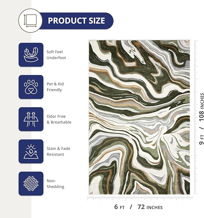 Abani Green Intertwined Lines Area Rug – 6' x 9' – Contemporary Swirl Design – Regal Collection – Washable, Easy to Clean – Durable for High Traffic Areas – Living Room, Bedroom & Office