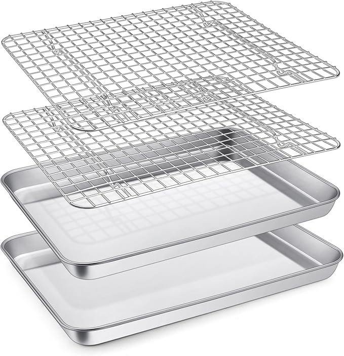 P&P CHEF 12.5 Inch Toaster Oven Pan Tray with Wire Rack, 4 PCS | Baking Sheet Pan + Cooling Rack for Cooking/Roasting, Dishwasher Safe & Rust Free, Non-toxic & Sturdy