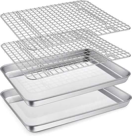 P&P CHEF 12.5 Inch Toaster Oven Pan Tray with Wire Rack, 4 PCS | Baking Sheet Pan + Cooling Rack for Cooking/Roasting, Dishwasher Safe & Rust Free, Non-toxic & Sturdy