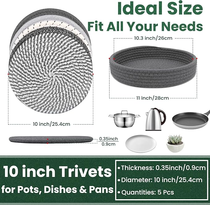 10 Inch Trivets for Hot Dishes, Hot Pots and Pans, Extra Large Thick Heat Resistant Large Coaster, Hot Pads, Kitchen Essentials, Pot Holders for Countertop with Storage Basket, 5 Pcs