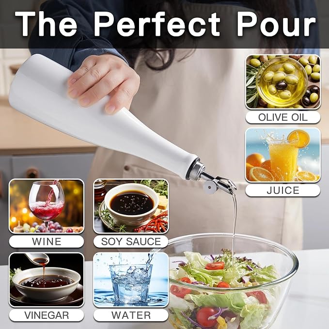 YOLIFE Olive Oil Dispenser Bottle, 17oz/500ml Ceramic Oil Bottle (White) | Oil Dispenser with Gravity Spout, Leak Proof EVOO Dispensing Bottle with 2 Spouts and 1 Funnel for Vinegar, Kitchen