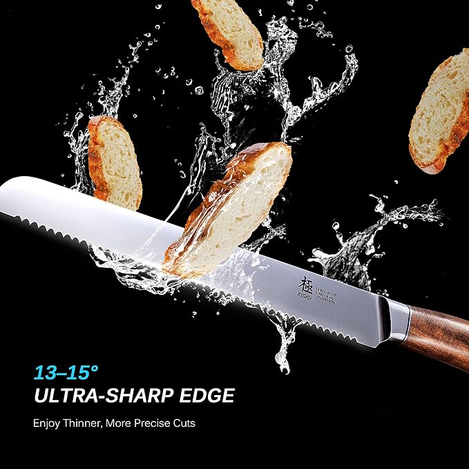 KYOKU 10 Inch Bread Knife - Daimyo Series - Serrated Knife with Ergonomic Rosewood Handle, and Mosaic Pin - Japanese Style 440C Stainless Steel Bread Cutter with Sheath and Case