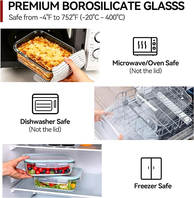 GEHE 2 Pack 52oz Large Glass Food Storage Containers with Lids, Glass Meal Prep Containers with Airtight Lids for Baking, Storing, Lunch Container, Microwave/Freezer/Dishwasher Safe, BPA Free